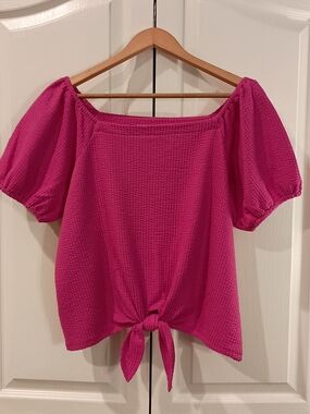 LOFT Hot Pink Off-Shoulder Tie-Front Crop Blouse